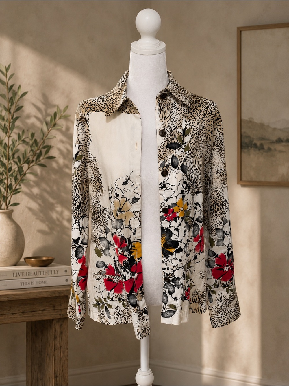 Chico's Floral & Animal-Print Button-Up Jacket in Cream, Red, Yellow